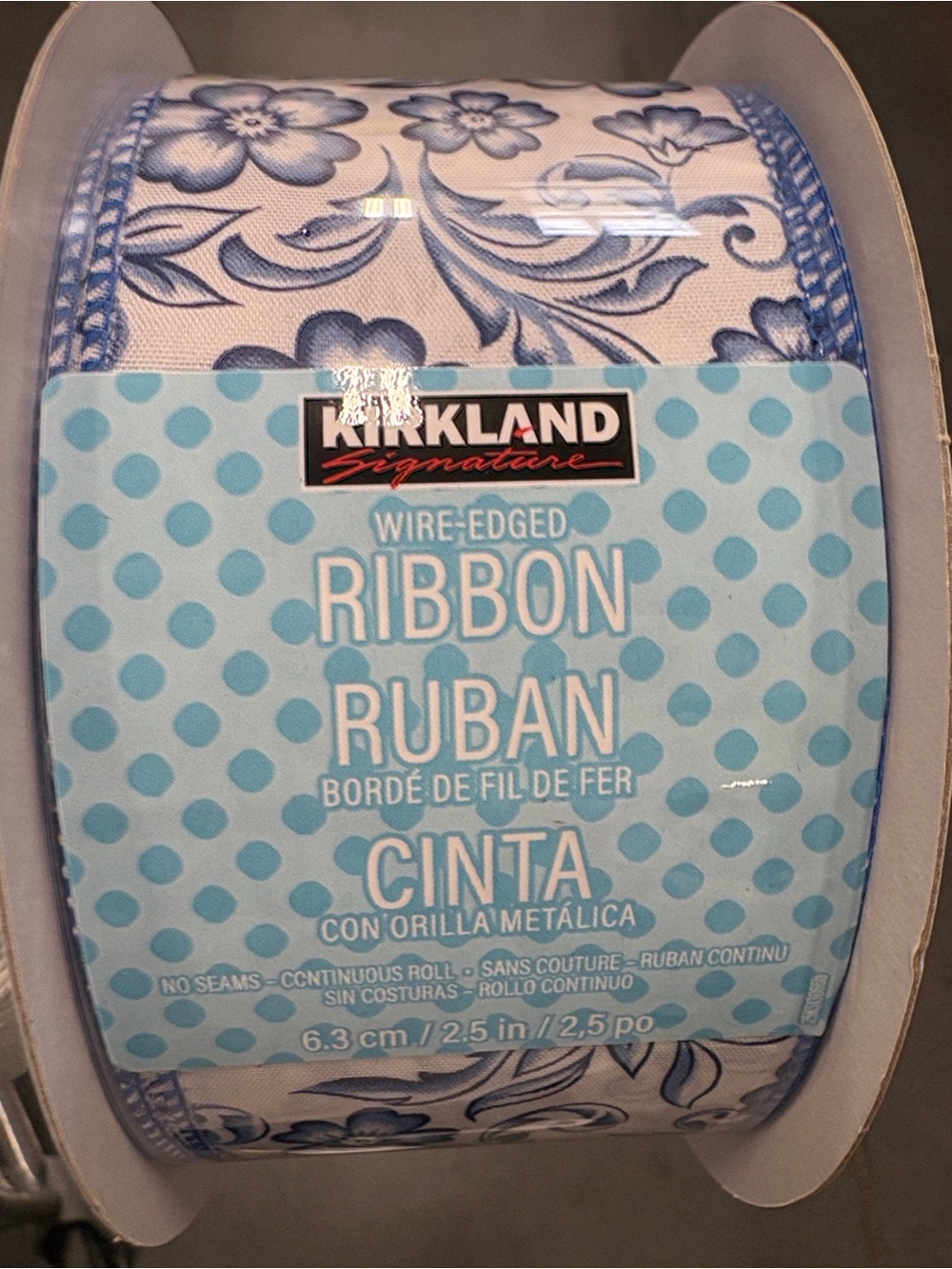 Kirkland Signature Wire-Edged Floral Ribbon in Blue and White 50 yards- 2.5 inch